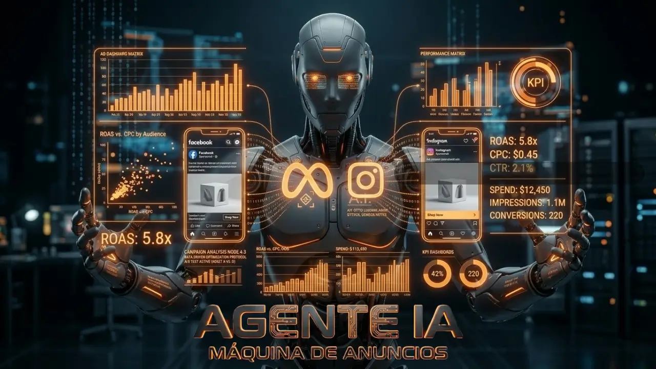 Ilustración futurista de un Agente de Inteligencia Artificial gestionando campañas de anuncios en Facebook e Instagram con métricas de ROAS.