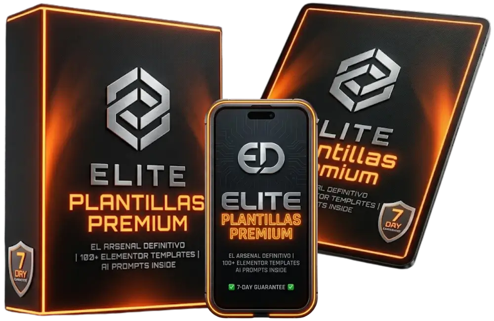 Mockup premium de paquetes de plantillas para Elementor de Arsenal Digital mostrando cajas y smartphone.