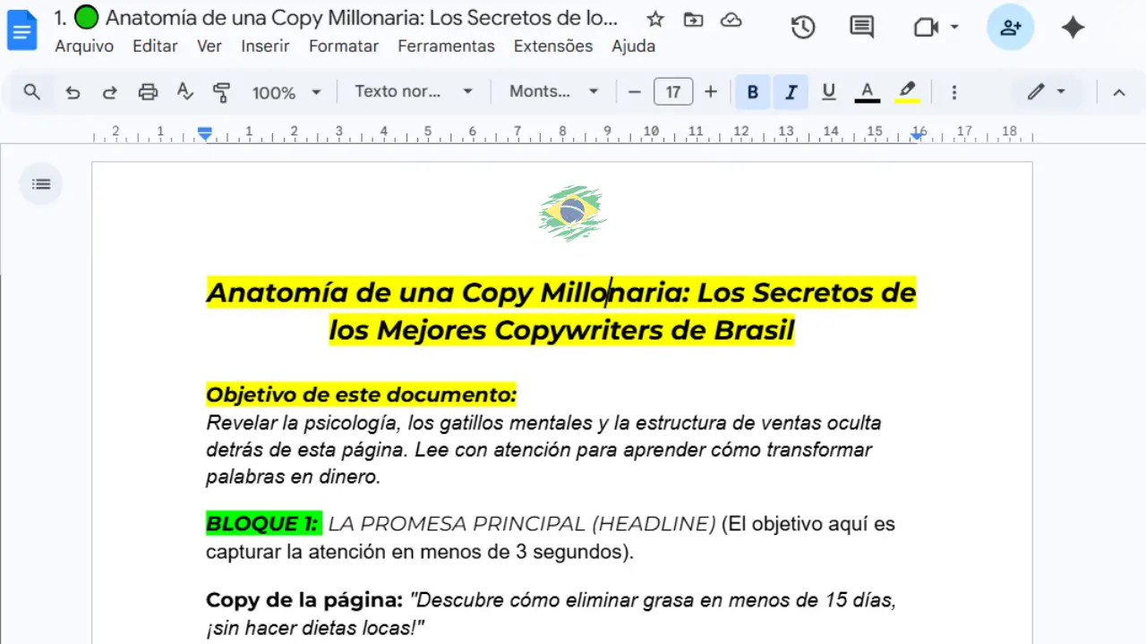 Documento revelando la anatomía de un copy millonario y la estructura de ventas secreta del mercado brasileño.