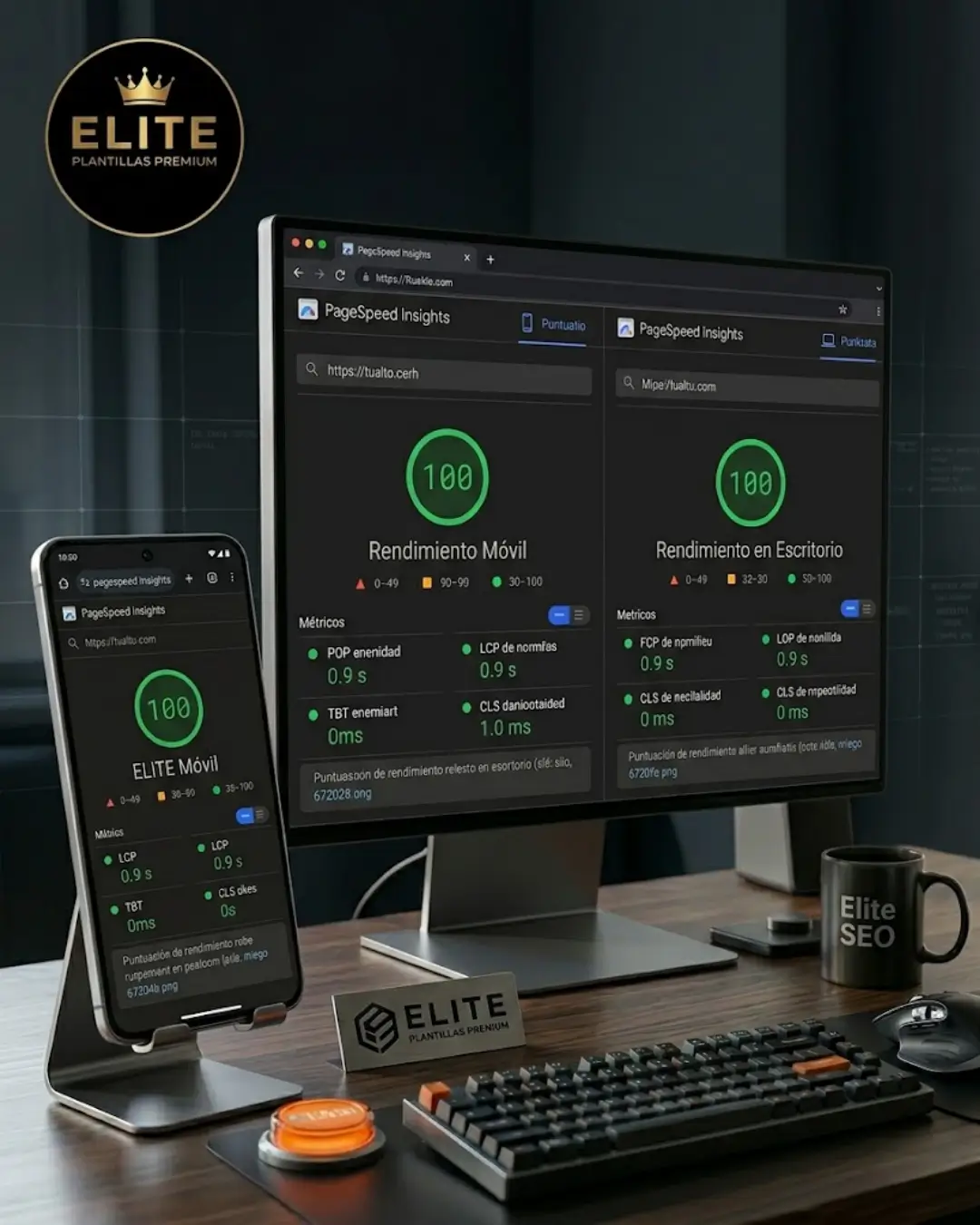 Prueba de velocidad PageSpeed Insights con puntuación 100/100 para Elite Plantillas Premium.